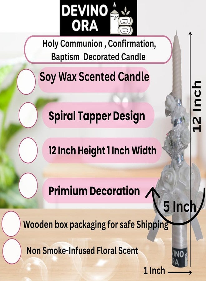 Devino Ora First Holy Communion and Confirmation Scented Candle for Christian Rituals Non-Toxic Non-Smoke Natural Wax Long Lasting Burn time 12 Inch Height and 1-inch Width (White Rose) - Image 3